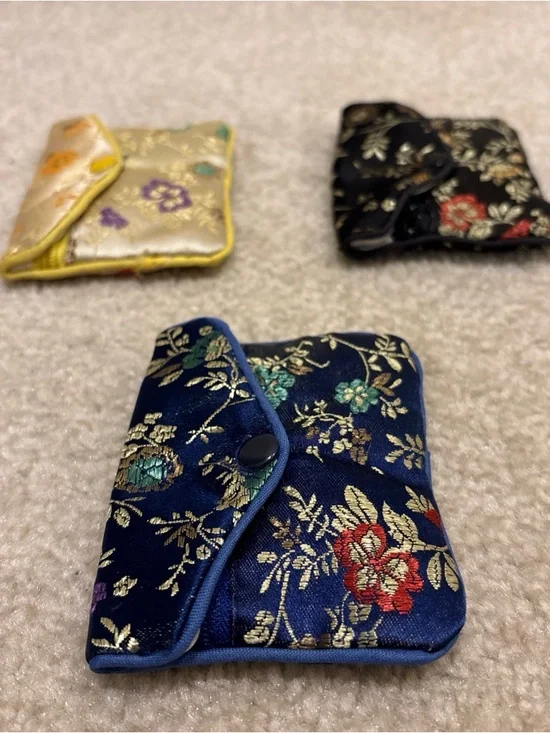 Asian Chinese Blue Black Gold Mini Pouch Bag Lot of 3 Floral Pattern Zip Button - Picture 4 of 12